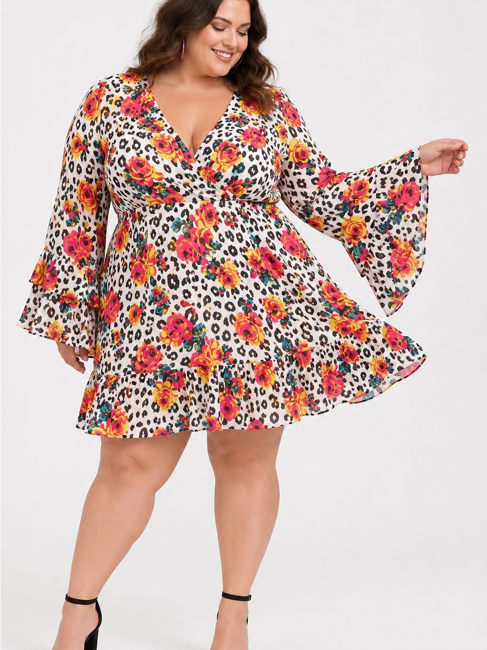 NWT Torrid Betsey Johnson Floral Leopard Bell Sleeve Mini Dress 5X